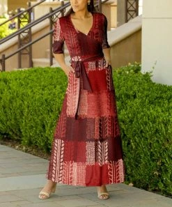 Lily | Red & Beige Abstract Tie-Waist Short-Sleeve Maxi Dress - Plus