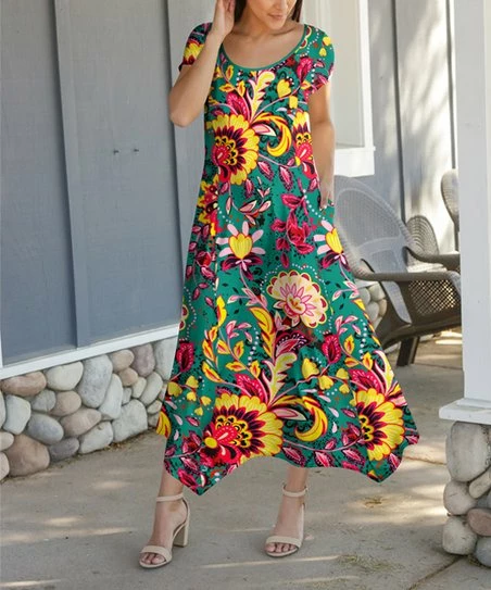 Lily | Turquoise & Yellow Floral Short-Sleeve Handkerchief Maxi Dress - Women 1 Lily | Turquoise & Yellow Floral Short-Sleeve Handkerchief Maxi Dress - Women