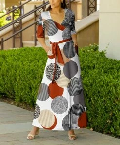 Lily | Rust & Gray Abstract Polka Dot Tie-Waist Short-Sleeve Maxi Dress - Women