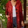 Lily | Dark Red Floral Velvet Button-Up Hooded Cardigan - Women