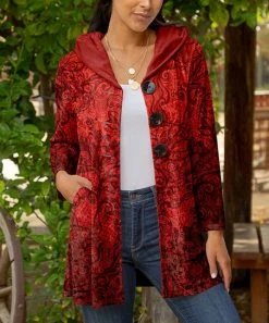 Lily | Dark Red Floral Velvet Button-Up Hooded Cardigan - Women
