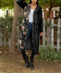 Lily | Black & Pink Floral Velvet Button-Up Duster - Women