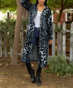 Lily | Dark Blue Leopard Velvet Button-Up Duster - Women