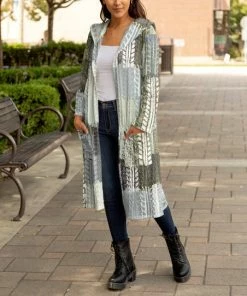 Lily | Gray & Mint Abstract Hooded Open Duster - Women & Plus
