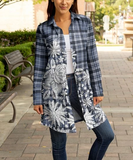 Lily | Blue & White Floral Plaid Collared Button-Up Cardigan - Women 1 Lily | Blue & White Floral Plaid Collared Button-Up Cardigan - Women