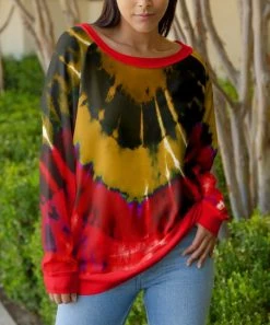 Lily | Red & Goldtone Tie-Dye Boatneck Sweatshirt - Plus