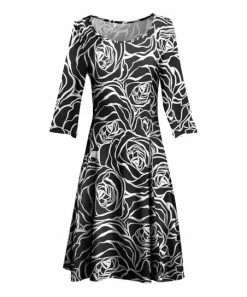Lily | Black & White Floral Boatneck A-Line Dress - Plus