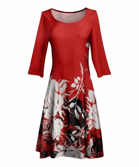 Lily | Red & Black Rose Boatneck A-Line Dress - Women 1 Lily | Red & Black Rose Boatneck A-Line Dress - Women