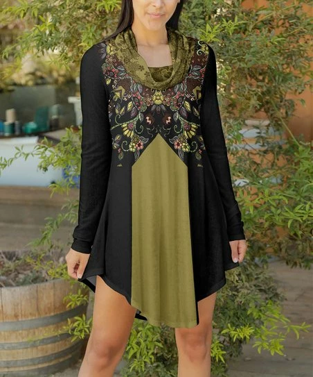 Lily | Black & Green Color Block Floral Cowl Neck Swing Dress - Plus 1 Lily | Black & Green Color Block Floral Cowl Neck Swing Dress - Plus
