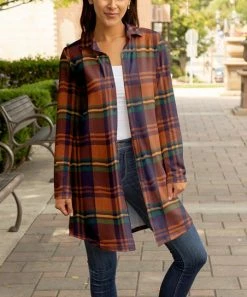 Lily | Rust & Purple Plaid Collared Longline Button-Up Cardigan - Women