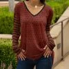 Lily | Rust & Black Polka Dot Stripes Long-Sleeve V-Neck Top - Women