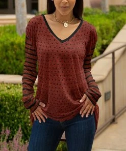 Lily | Rust & Black Polka Dot Stripes Long-Sleeve V-Neck Top - Women