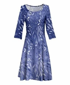 Lily | Light Blue & Blue Leaf Ombré Boatneck A-Line Dress - Women