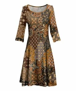 Lily | Brown & Goldtone Paisley Patchwork Boatneck A-Line Dress - Women