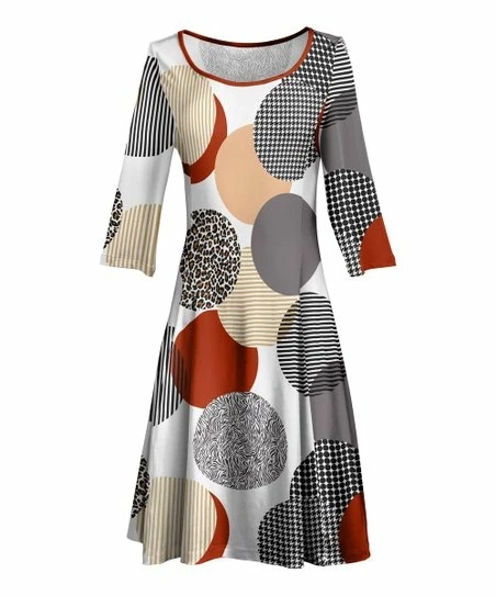 Lily | White & Rust Abstract Dot Boatneck A-Line Dress - Plus 1 Lily | White & Rust Abstract Dot Boatneck A-Line Dress - Plus