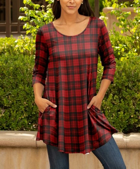 Lily | Black & Red Plaid Pocket Scoop Neck Tunic - Plus 1 Lily | Black & Red Plaid Pocket Scoop Neck Tunic - Plus