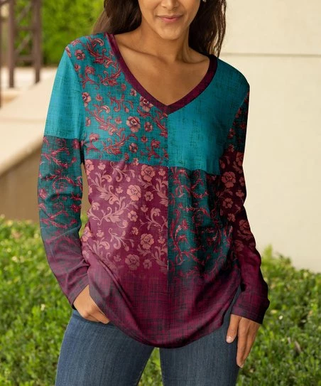 Lily | Purple & Teal Floral Color Block V-Neck Long-Sleeve Tunic - Women 1 Lily | Purple & Teal Floral Color Block V-Neck Long-Sleeve Tunic - Women