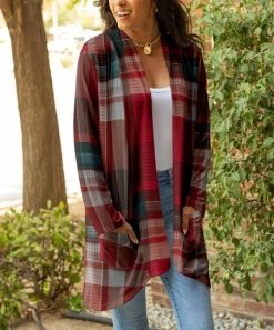 Lily | Red & Teal Plaid Pocket Open Cardigan - Women