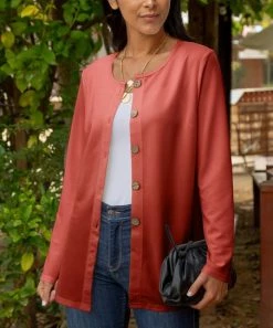 Lily | Coral & Rust Ombré Scoop Neck Button-Up Cardigan - Women