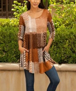 Lily | Rust & Brown Geometric Patchwork Pocket Scoop Neck Tunic - Plus