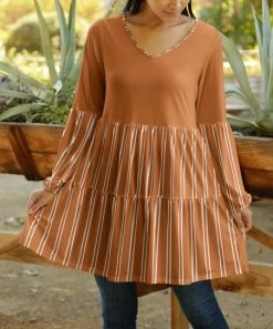 Lily | Rust White Tiered A-Line Tunic Dress - Women