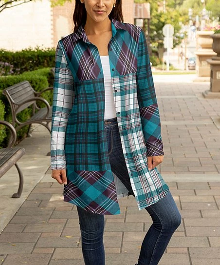 Lily | Teal & White Plaid Button-Up Jacket - Plus 1 Lily | Teal & White Plaid Button-Up Jacket - Plus