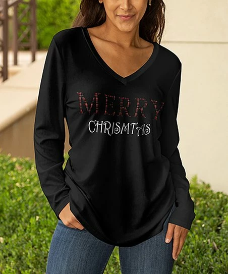 Lily | Black & Red 'Merry Christmas' Long-Sleeve V-Neck Tunic - Plus 1 Lily | Black & Red 'Merry Christmas' Long-Sleeve V-Neck Tunic - Plus