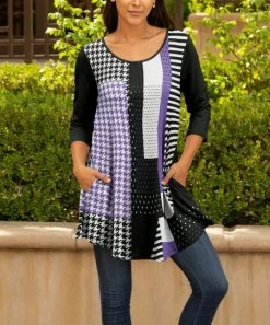 Lily | Black & Purple Patchwork Stripe Pocket Scoop Neck Tunic - Women
