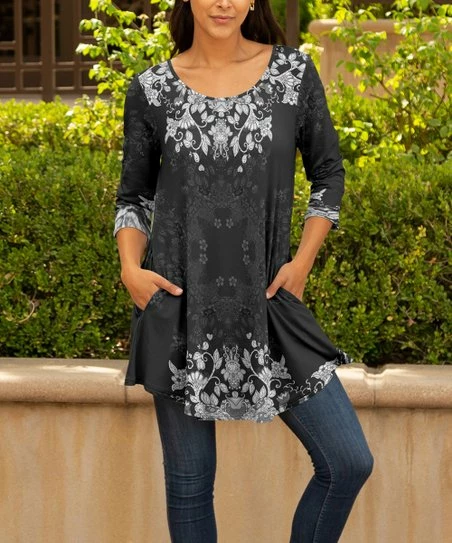 Lily | Gray & White Damask Pocket Scoop Neck Tunic - Women & Plus 1 Lily | Gray & White Damask Pocket Scoop Neck Tunic - Women & Plus