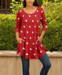 Lily | Red & White Polka Dot Pocket Scoop Neck Tunic - Women & Plus