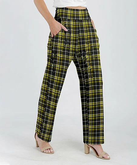 Lily | Black & Olive Plaid Pocket Straight-Leg Pants - Women 1 Lily | Black & Olive Plaid Pocket Straight-Leg Pants - Women