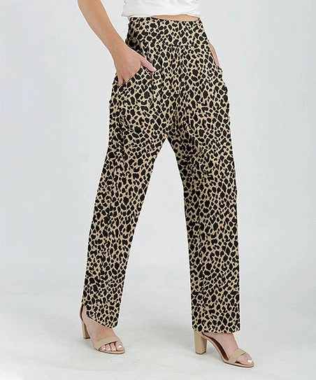 Lily | Black & Beige Leopard Pocket Straight-Leg Pants - Plus 1 Lily | Black & Beige Leopard Pocket Straight-Leg Pants - Plus