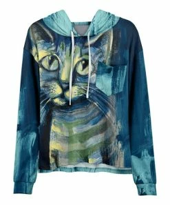 Lily | Blue & Green Cat Drawstring Hoodie - Women & Plus