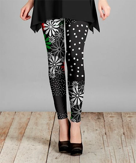Lily | Black & White Floral Dot Leggings - Women 1 Lily | Black & White Floral Dot Leggings - Women