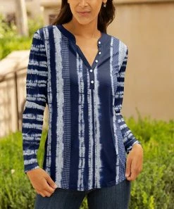 Lily | Navy & White Abstract Stripe Button-Front Top - Plus