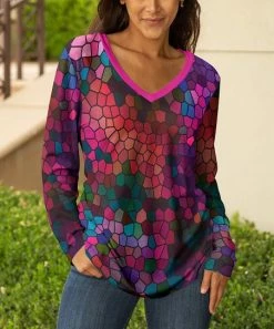 Lily | Pink & Purple Abstract V-Neck Long-Sleeve Tunic - Plus