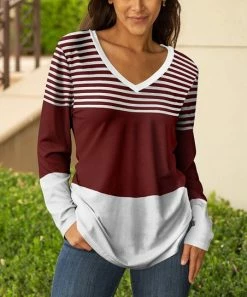 Lily | Red & White Stripe Color Block V-Neck Long-Sleeve Tunic - Women & Plus