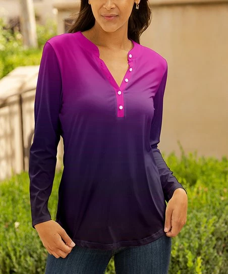 Lily | Purple & Pink Ombré Button-Front Top - Women 1 Lily | Purple & Pink Ombré Button-Front Top - Women