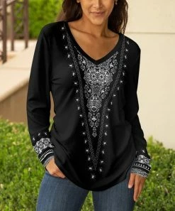 Lily | Black & White Geometric V-Neck Long-Sleeve Tunic - Women & Plus