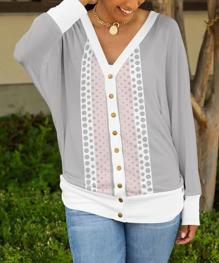 Lily | Gray & Rose Polka Dot Front Accent V-Neck Cardigan - Women 1 Lily | Gray & Rose Polka Dot Front Accent V-Neck Cardigan - Women