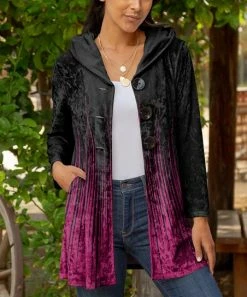 Lily | Pink & Black Abstract Velvet Pocket Hooded Cardigan - Plus