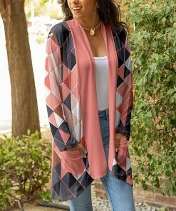 Lily | Coral & Gray Argyle Pocket Open Cardigan - Women
