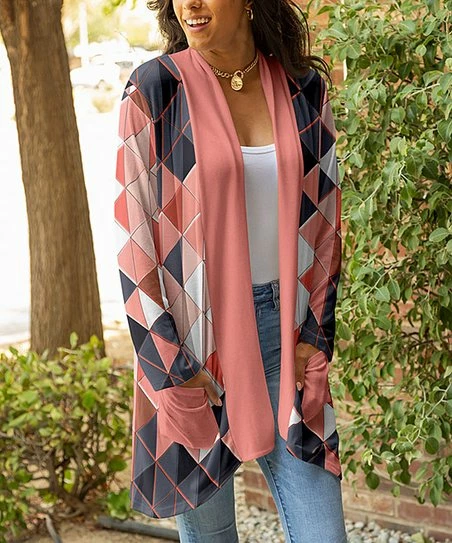 Lily | Coral & Gray Argyle Pocket Open Cardigan - Women 1 Lily | Coral & Gray Argyle Pocket Open Cardigan - Women