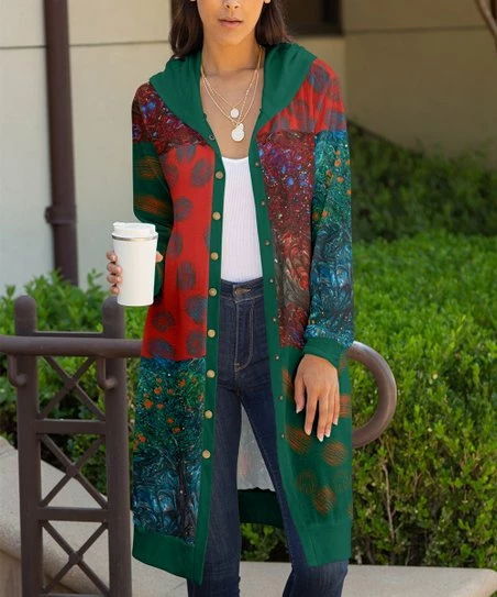 Lily | Green & Red Abstract Snap-Button Hooded Coat - Women 1 Lily | Green & Red Abstract Snap-Button Hooded Coat - Women