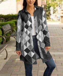 Lily | Light Gray & Charcoal Geometric Button-Up Shacket - Women