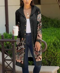 Lily | Black & Orange Paisley Snap-Up Hooded Coat - Women