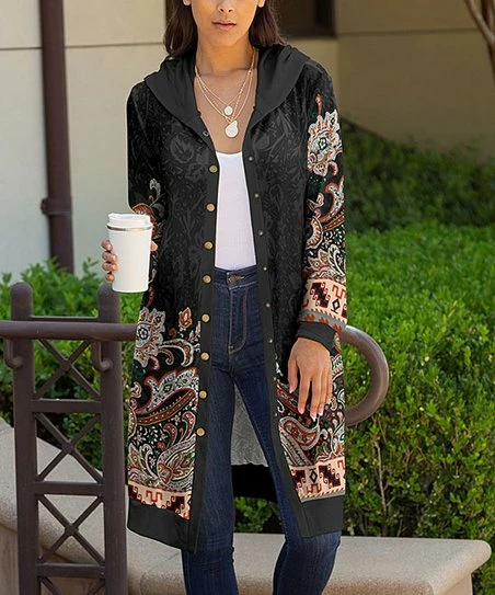 Lily | Black & Orange Paisley Snap-Up Hooded Coat - Women 1 Lily | Black & Orange Paisley Snap-Up Hooded Coat - Women