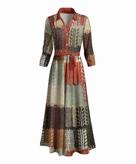 Lily | Rust & Brown Patchwork Tie-Waist Button-Front Maxi Dress - Women & Plus 1 Lily | Rust & Brown Patchwork Tie-Waist Button-Front Maxi Dress - Women & Plus