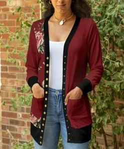 Lily | Red & Black Floral Pocket Snap-Button Cardigan - Plus
