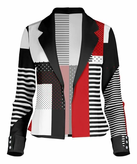 Lily | Black & Red Stripe Color Block Open Blazer - Women 1 Lily | Black & Red Stripe Color Block Open Blazer - Women